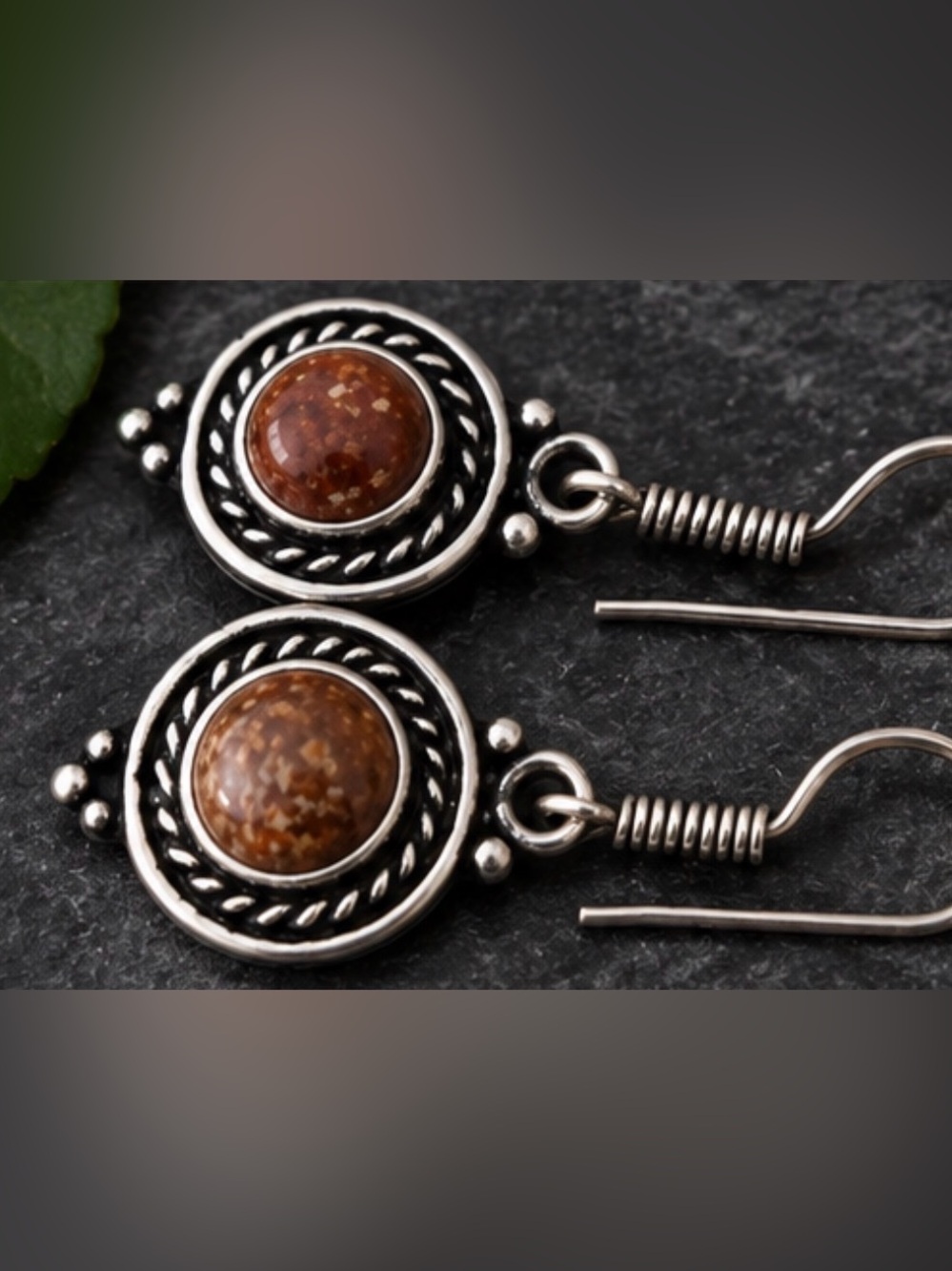 Handcrafted Silver-Tone Earrings with Brown Stone Accent